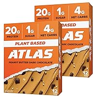 Atlas Protein Bar, 20g Plant Protein, 1g Sugar, Clean Ingredients, Gluten Free Peanut Butter Dark Chocolate, 12 Count (Pack of 2)
