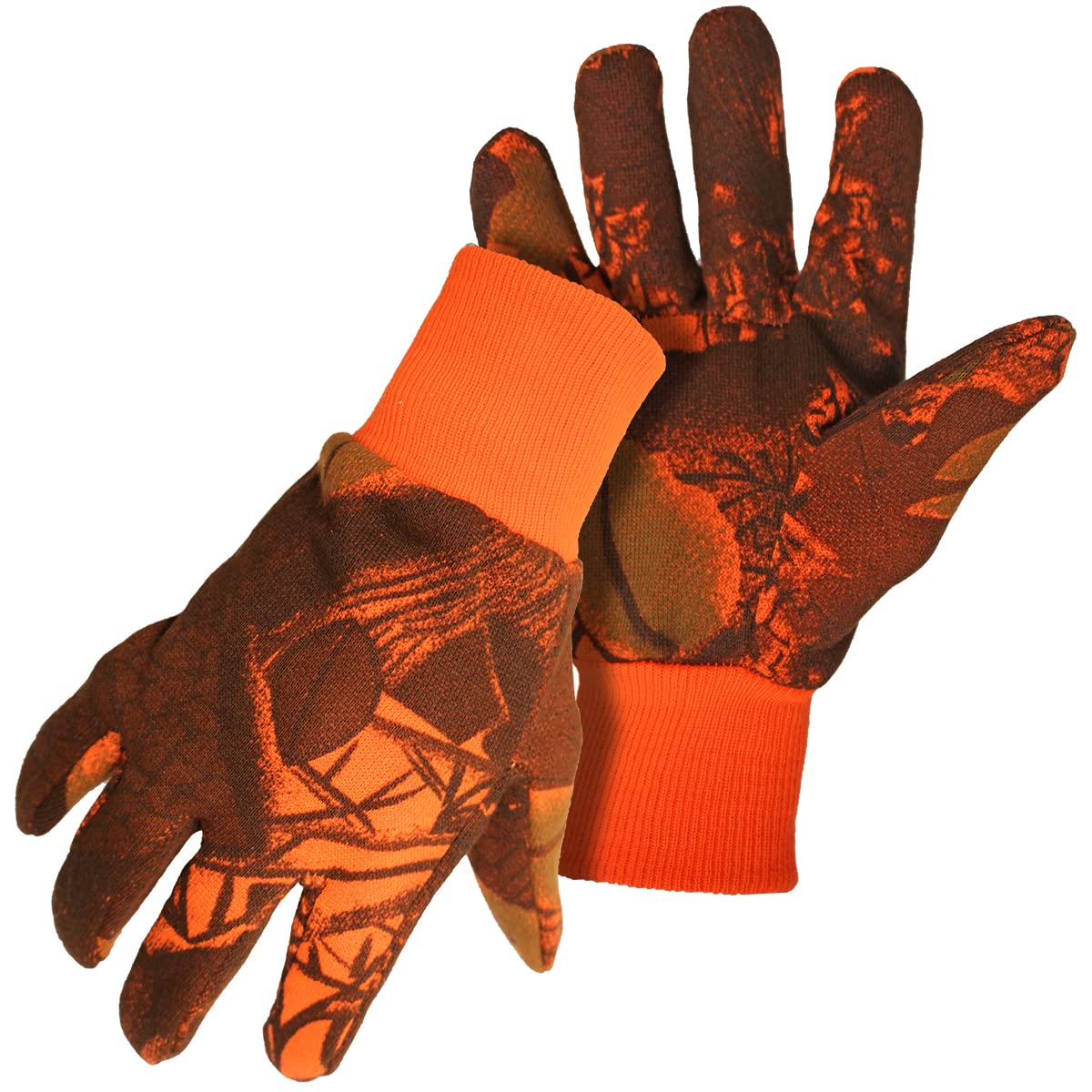 BOSS Men's Blaze Orange Camouflage Jersey Cotton Knit Wrist work Gloves, Durable, Clute Cut Design, Extreme Comfort, Large, (4101AL)