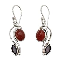 NOVICA Handcrafted .925 Sterling Silver Carnelian Garnet Dangle Earrings from India Red Orange Marsala Birthstone [1.6 in L x 0.4 in W x 0.2 in D] 'Colorful Curves'