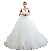 Women's Deep V-Neck Ruffles Lace-up Tulle Wedding Ball Gown