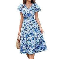 JASAMBAC Women Summer Dresses 2024 Casual Flowy Beach V Neck Ruffle Sleeve Smocked Back Waist Floral Midi Dress with Pockets