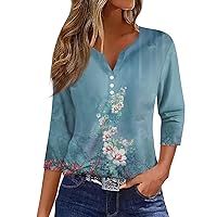 Womens Tops Dressy Casual 3/4 Sleeve Summer Button Down Blouse Fashion Floral Printed Graphic Tees Sexy V Neck Shirts
