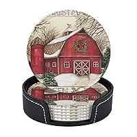 Christmas House Printed Drink Coasters with Holder Leather Coasters Set of 6 Tabletop Protection Decorate Cup Mat for Coffee Table Bar Kitchen Dining Room