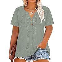 RITERA Plus Size Tops for Women V Neck Button Up Short Sleeve Henley Tshirt Casual Blouse Pullover Basic 12W 14W XL-5XL