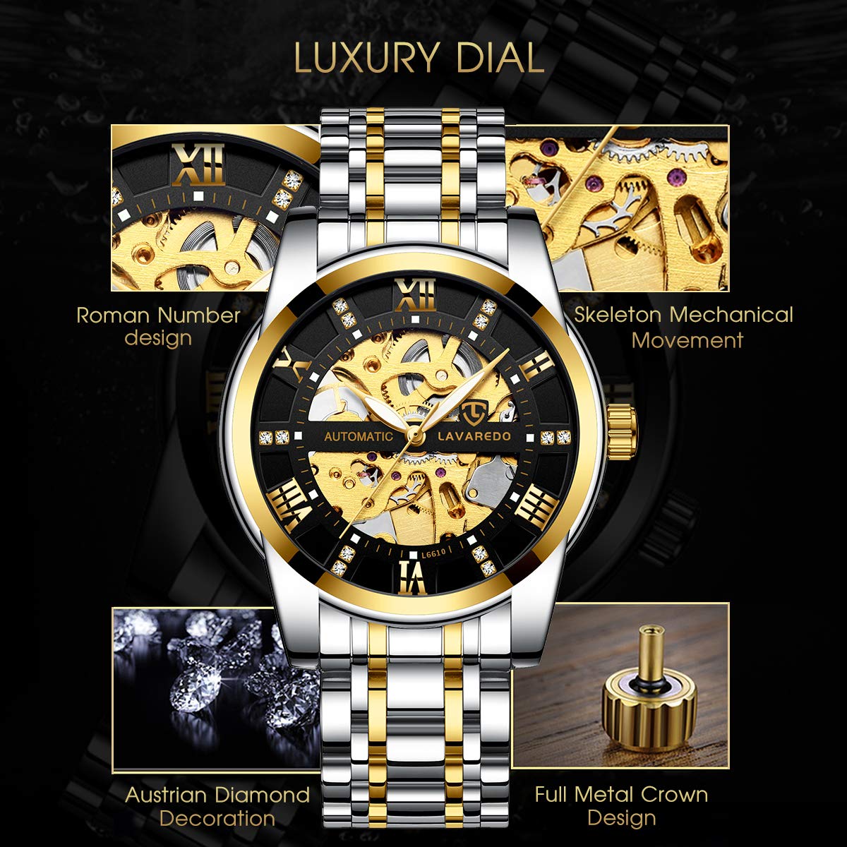 A ALPS Herren Uhren Automatikuhr Mechanische Skelett Glasboden Römische Zahlen Diamant Zifferblatt Wasserdicht Schwarz Männer Armbanduhr mit Edelstahl Armband