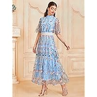 Dresses for Women - pc Allover Floral Print Guipure Lace Waist Mesh Overlay Dress (Color : Blue, Size : Medium)