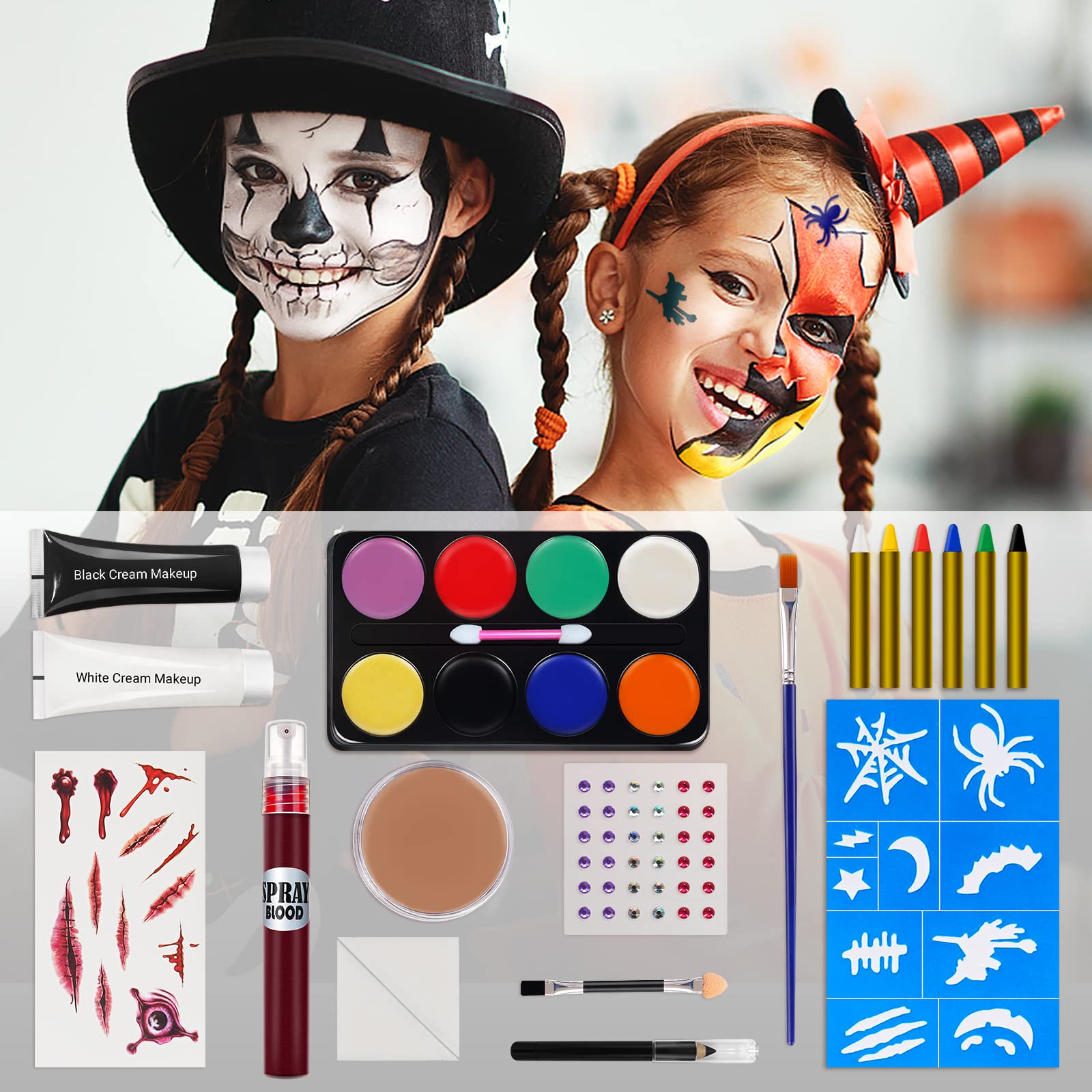 2022 Upgraded Halloween Makeup Kit, White Black Skeleton Face Paint, Clown Witch Makeup Palette, Vampire Zombie Makeup Kids Adult Special Effects: Fake Blood Scar Wax Tattoos Stencils Crayons Set