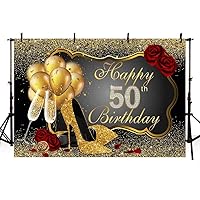 MEHOFOTO Photo Background Shining Sequin Black Gold High Heels Champagne Woman Red Rose Balloons 50th Happy Birthday Party Banner Backdrops for Photography 8x6ft