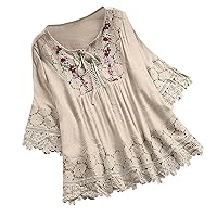 Boho Tops for Women, 2024 Long Sleeve Tie Front Lace Splicing Flowy Women's Workout and Blouses, S XXXL