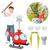 Helicopter Sprinkler Baseball Playset for Kids: 2 in 1 Outdoor Water Spray Toy for Boys Girls with 4 Balls - Summer Spinning Airplane Sprinklers Toy for Backyard Lawn Garden - Hose Connector Included