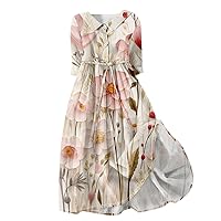 Women's Fashion Casual Printed Lapel Collar Button 3/4 Sleeve V Neck Clothing Straps Long Dress