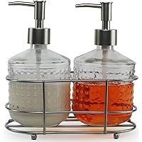 Circleware Vintage Soap Dispenser Bottle Pumps in Metal Caddy 3-Piece Set of Home Bathroom Accessories, Farmhouse Decor for Essential Oils, Lotions and Liquids, 17.5 oz, Nickel Hobnail