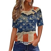 Women's 4Th of July T Shirt Tee America Flag Print Button Short Sleeve Daily Weekend Fashion Basic Round Top, S-3XL