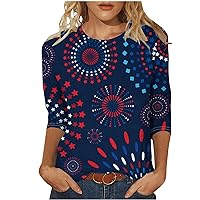 Women's 3/4 Sleeve Shirts American Flag Print Patriotic Tee Tops 4th of July Gift Summer Casual Crewneck Pullover