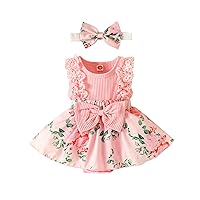Newborn Baby Girl Romper Dress Flower Print Lace Ruffled Jumpsuit with Headband Cute Summer Clothes