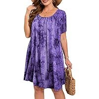 MONNURO Womens Plus Size Summer Dresses Casual Pleated Front Short Sleeve Swing Tunic Tshirt Dress with Pockets
