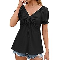 Cute Eyelet Blouses for Women Dressy Casual Puff Sleeve V Neck Drawstring Ruched Babydoll Tops Summer Short Sleeve T Shirts
