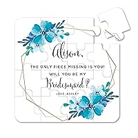 Personalized Bridesmaid Proposal Puzzle. Custom Will You Be My Bridesmaid Gift. Ask Bridesmaid with a Funny Proposal (Bright Blue with Geometric Frame)
