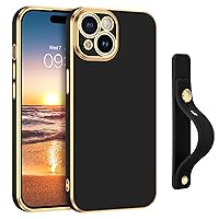 GUAGUA Compatible with iPhone 15 Case 6.1 Inch with Wrist Strap Holder Slim Soft Electroplated TPU iPhone 15 Phone Case Shockproof Protective Adjustable Wristband Kickstand Case for iPhone 15, Black