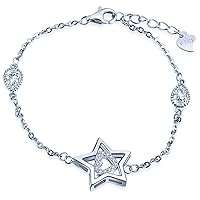 Girl's 925 Sterling Silver Cubic Zirconia Hollow Star Heart Charm Adjustable Bracelets, Silver