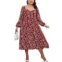Floral Print Autumn Winter Dress for Chubby Women Fashion Long Sleeve Baggy Casual Dress Fall Wear Plus Size Dresses