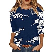 Fall Tops for Women Tops Round Neck Three Quarter Sleeve Comfortable Floral Print T Shirt Blouse Women Hiking Tops