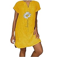 Women Short Sleeve T Shirt Dress Summer V Neck Floral Cotton Linen Shift Dresses Loose Casual Plus Size Sundress