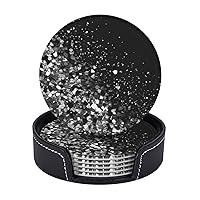 6pcs Drink Coasters with Holder, Leather Coasters for Drinks, Black White Glitter Cup Coasters for Coffee Table Decor, Non-Slip Drinking Cup Mat for Hot Or Cold Drink 4