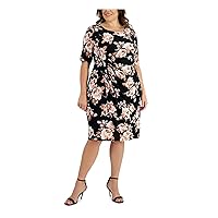 Connected Apparel Womens Black Unlined Gathered Pullover Side-tab Pleated Floral Elbow Sleeve Round Neck Below The Knee Sheath Dress Plus 22W