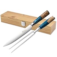 Grunwerg- Katana Elements 2 Piece Carving Knife and Fork Set With Wooden Box, Premium VG-10 Damascus Steel Blades, Olivewood Resin Handle, Ocean Blue