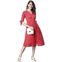 Janasya Red Cotton Dress for Women