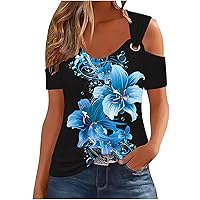 Todays Deals Summer Tops for Women 2024 Trendy Sexy Solid Cold Shoulder V Neck Blouse Tees Dressy Casual Short Sleeve Tunic Shirts Lightweight Going Out Workout Comfy Cotton Tshirts