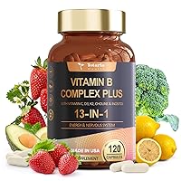 13-in-1 Vitamin B Complex Plus: Vitamin B1, B2, B3 (Niacinamide), B4, B5, B6, B7 (Biotin), B8 (Inositol), B9 (Folate), B12, C, D3, K2 - Energy, Nerve, Immune, Skin Support - 120 Vegan Capsules