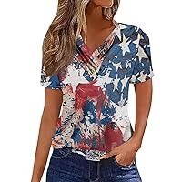 Tops for Women Casual Summer, Women's T Shirt Tee V Neck Short Sleeved Button Top Plus Size 4Th of July, S XXL