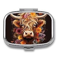 Highland Cow Travel Pill Organizer 2 Compartment Portable Pill Case Pill Box Small Pill Container for Pocket Purse