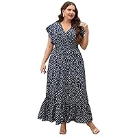 Womens Plus Size Dresses Summer V Neck Wrap Allover Print Cap Sleeve Ruffle Hem Maxi Dress