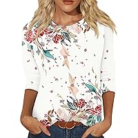 Ladies Tops and Blouses, Women's Fashionable Casual Three Quarter Sleeve Flowers Printed Round Neck Top