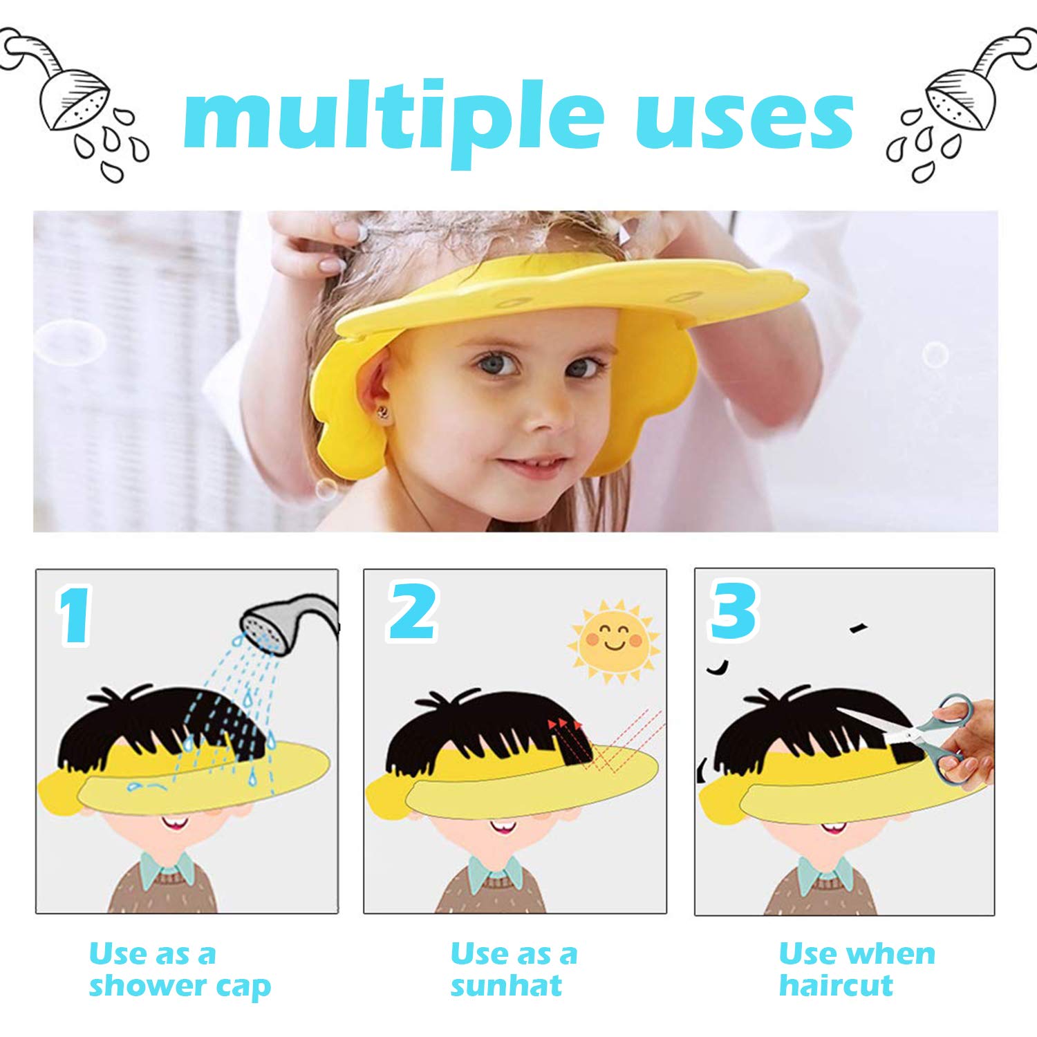 Hair Washing Hat Shower Bath Silicone Cap Soft Adjustable Visor Head Protector Shampoo Cap for Toddler, Baby, Kids, Children (Yellow)