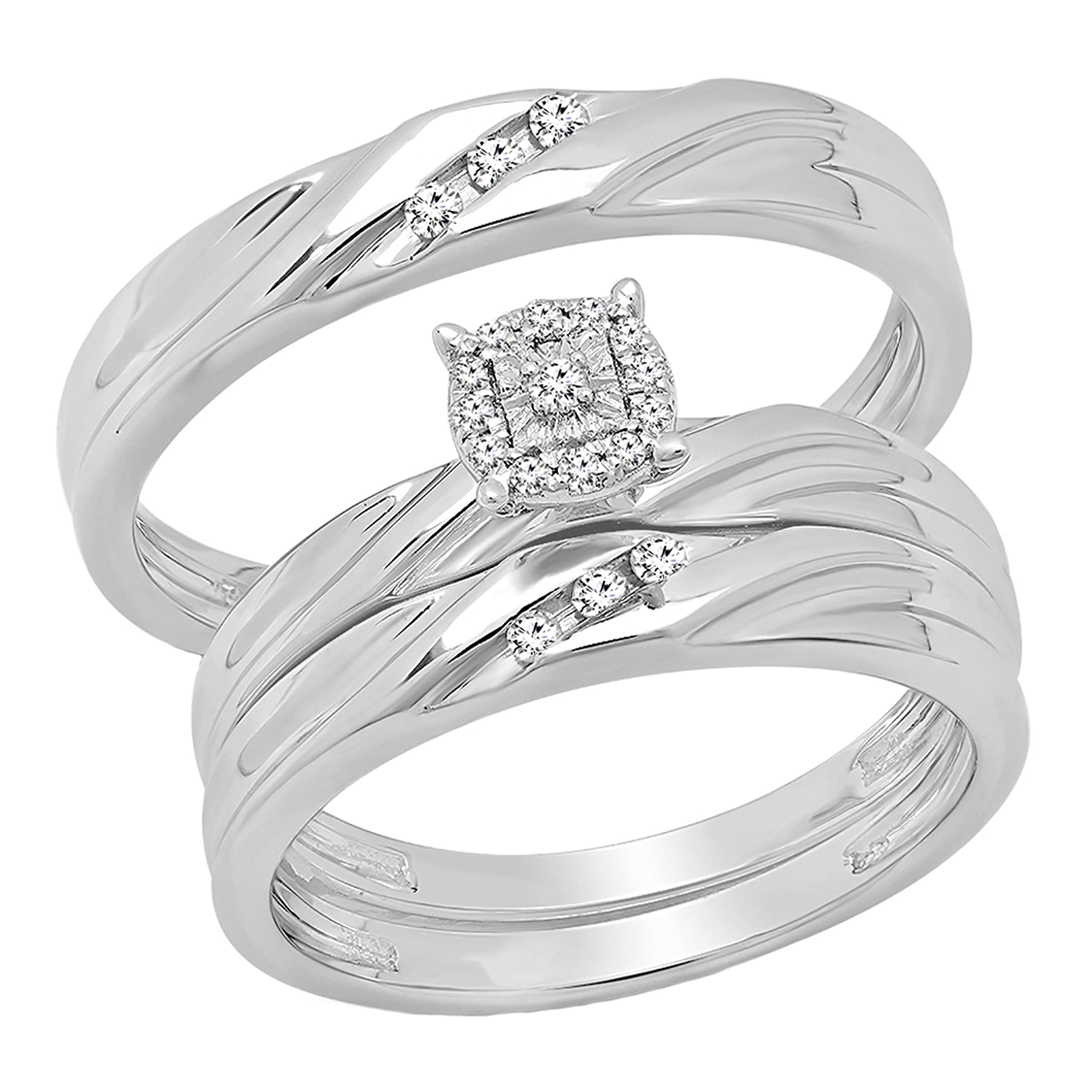Dazzlingrock Collection 0.15 Carat (ctw) Round White Diamond Mens & Women Bride Groom Engagement Ring Stunning Trio Bridal Set Couple Ring, 925 Sterling Silver