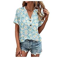 Womens Short Sleeve Tunic Tops Women's Fashion Spring and Summer Printed V Neck Short Sleeve Button Casual T