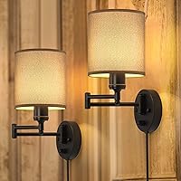 CADUKE Wall Lamps Plug in, Swing Arm Wall Sconce Set of 2 with Light Brown Lampshade, Modern Bedroom Wall Lights Fixtures, Bedside Wall Reading Lights
