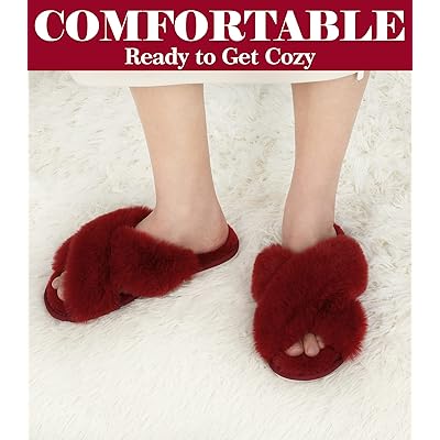  Ankis Womens Fuzzy Memory Foam Slippers Cross Band Cozy Plush  Home Slippers Fluffy Furry Open Toe House Shoes Indoor Outdoor Slide