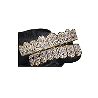 14k Baguette Set 8 teeth Gold Joker Iced-Out Grillz for Mouth Top Hip Hop Teeth Grills for Teeth Mouth Grillz for Mouth Top Bottom Hip Hop 8 Teeth Grills for Teeth Mouth Set - Teeth Cap, Top Grillz