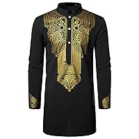 Men's Casual Printed Totem Long Shirt Ethnic Streetwear African Clothes Long Sleeve Shirt Button Down Shirt