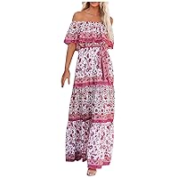 Off The Shoulder Dresses for Women, Fashion Women's Casual Elatic Waist Pullover Loose Indian Dress Midi Length