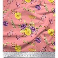 Soimoi Pink Cotton Cambric Fabric Leaves & Denmark Rose Floral Printed Craft Fabric by The Yard 42 Inch Wide