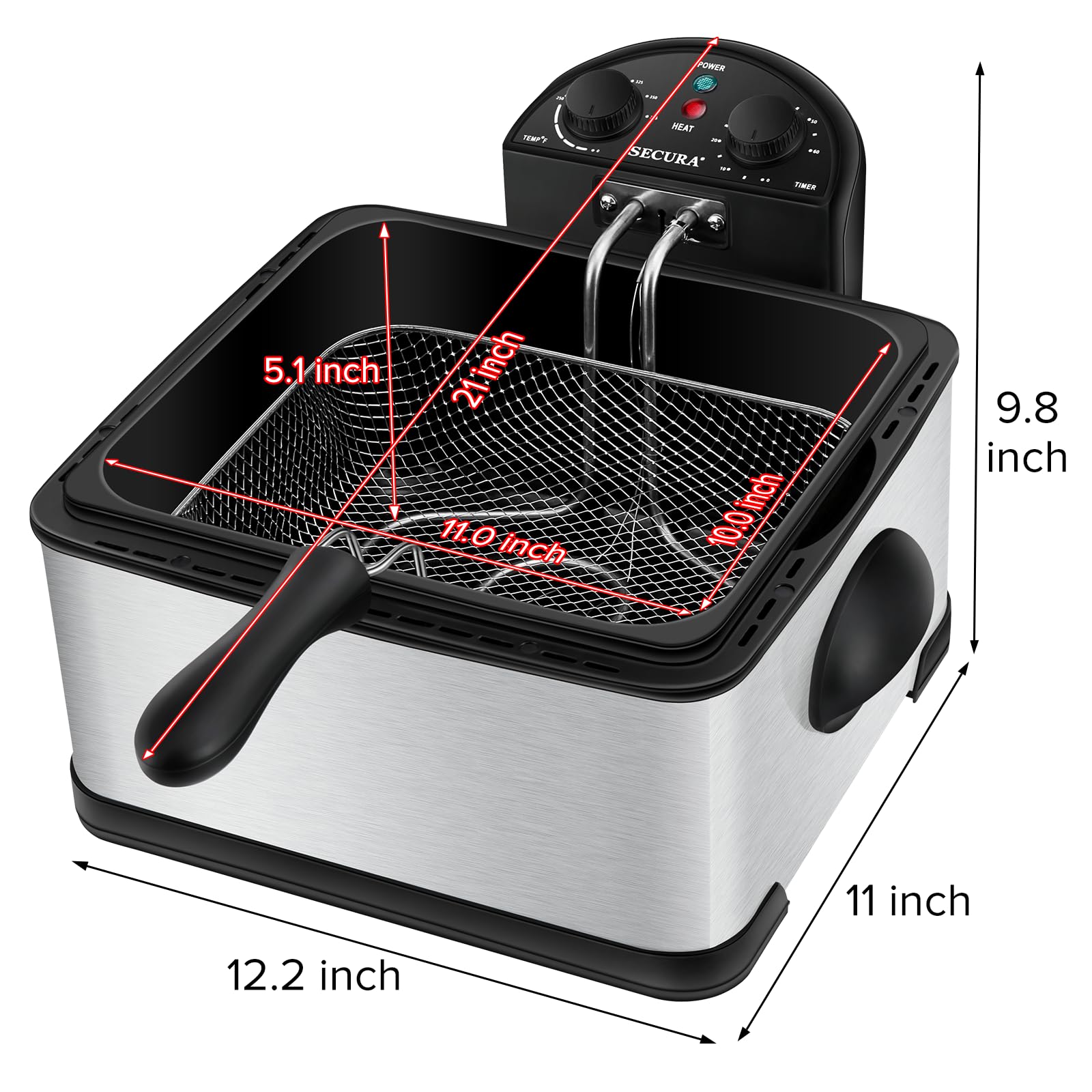 Secura 1700-Watt Stainless-Steel Triple Basket Electric Deep Fryer with Timer Free Extra Odor Filter, 4L/17-Cup
