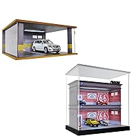 1/18 Scale Hot Wheels Display Case Wooden Car Garage Moldel with LED Light and Acrylic Cover Diecast Car Show Case 2 Parking Spaces Dark Grey