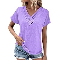 Tops for Women Trendy,Womens Tops Dressy Casual V Neck Button Pleated Solid Color T Shirts 2024 Summer Elegant Soft Tee Blouse 3/4 Length Sleeve Womens Tops