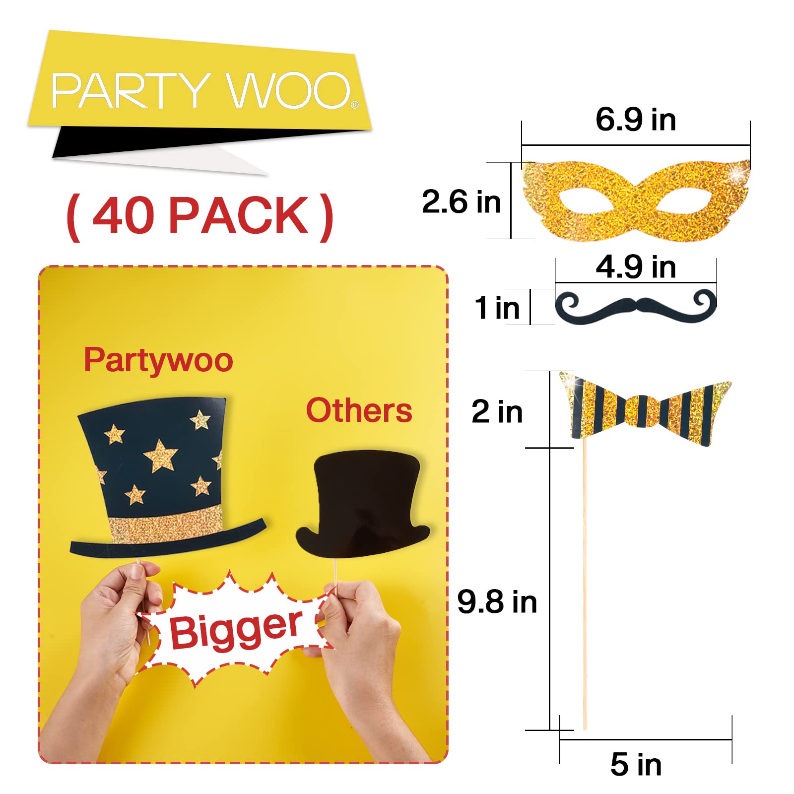 PartyWoo Photo Booth Props Birthday, 40 pcs Glitter Photo Booth Backdrops with Large Hats Glasses Mustaches, Black and Gold Party Favors Signs for Selfie Photobooth 30th 40th 50th 90th Birthday Men